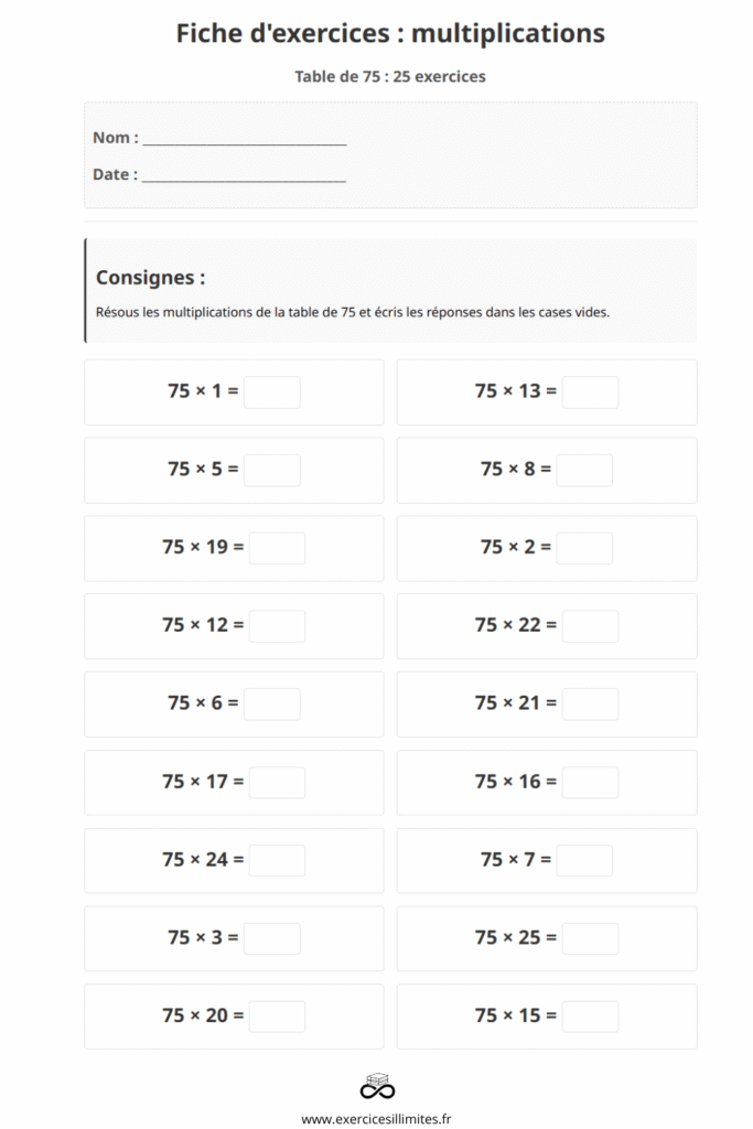exercice table de multiplication 75