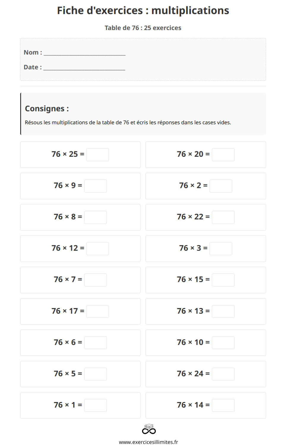 76 Table Math Table de multiplication de 76 – Exercices et évaluation