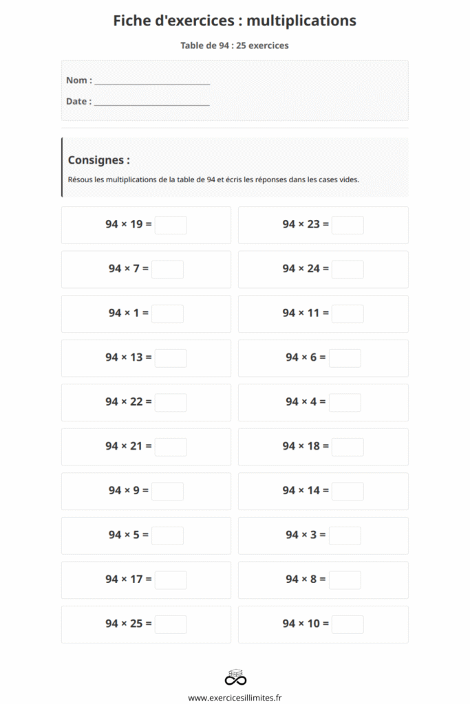 exercice table de multiplication 94