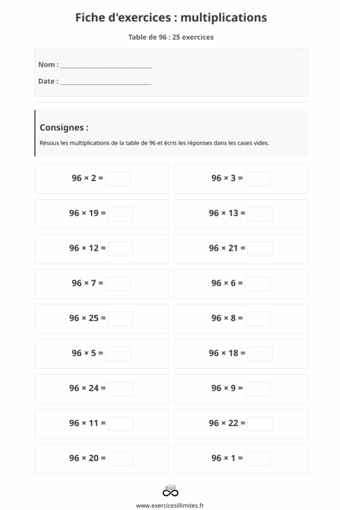 exercice table de multiplication 96