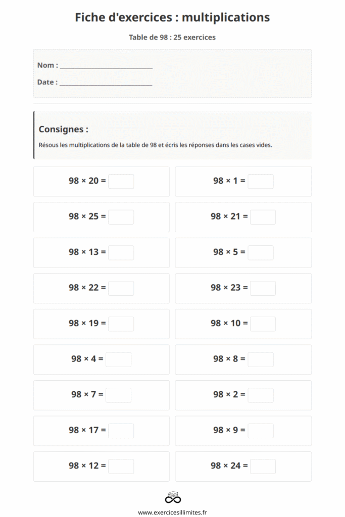 exercice table de multiplication 98