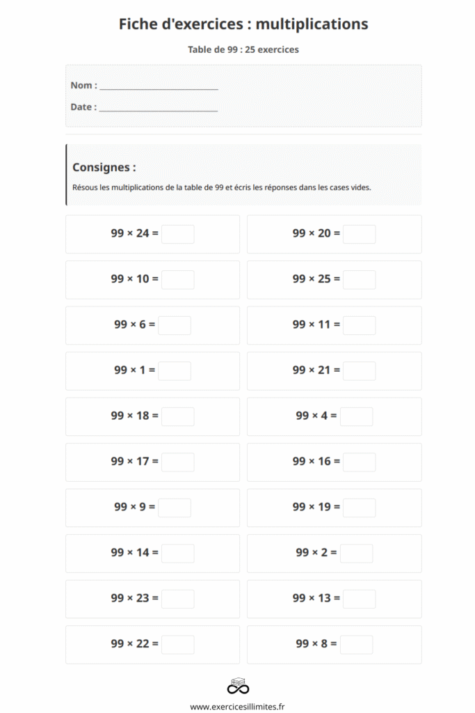 exercice table de multiplication 99