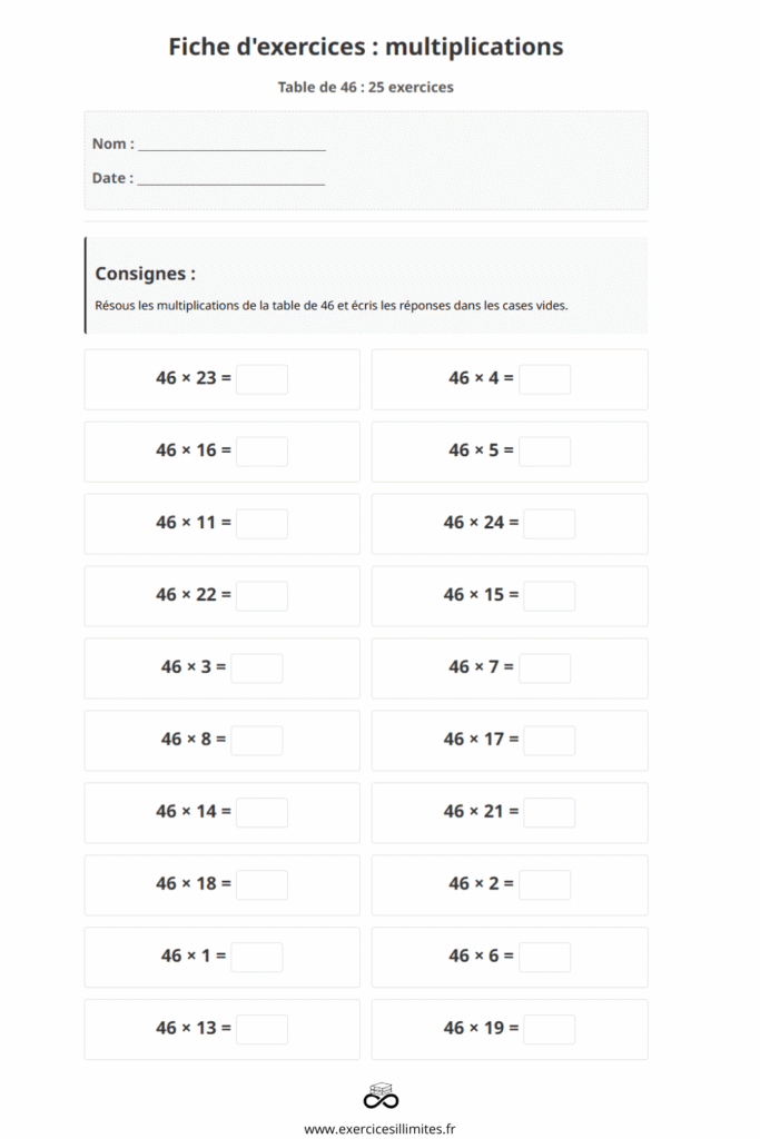 table de multiplication de 46
