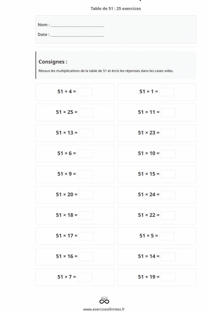 table de multiplication de 51