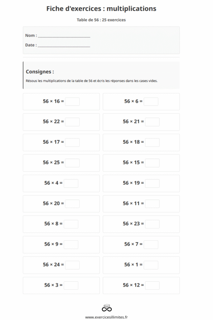 table de multiplication de 56
