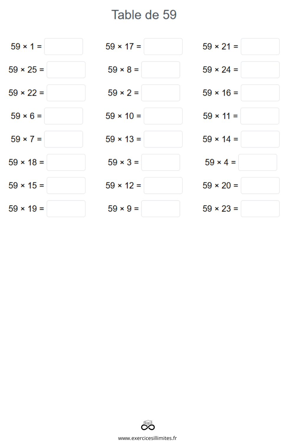Table de multiplication de 59 – Exercices et évaluation
