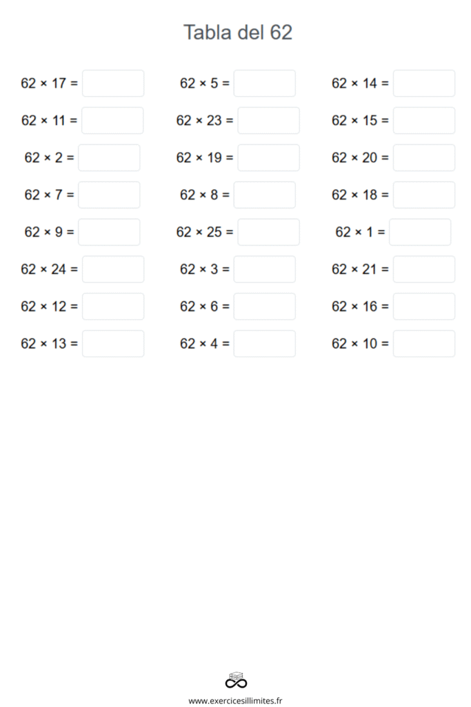 table de multiplication de 62