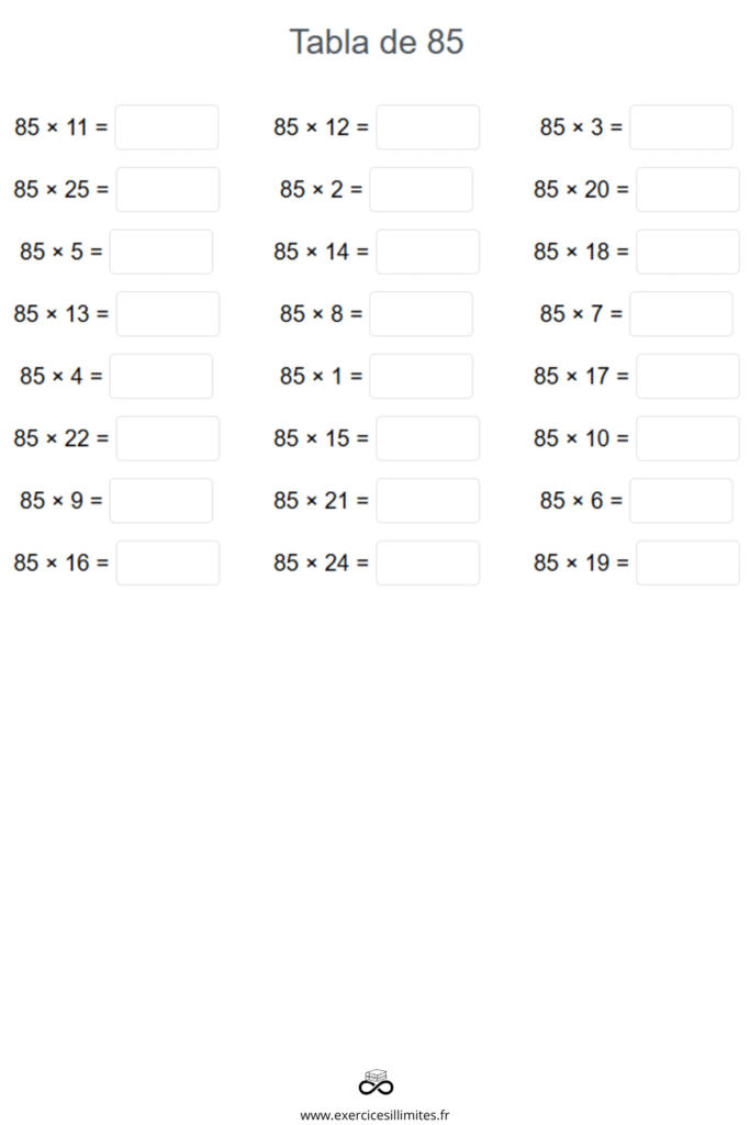 table de multiplication de 85