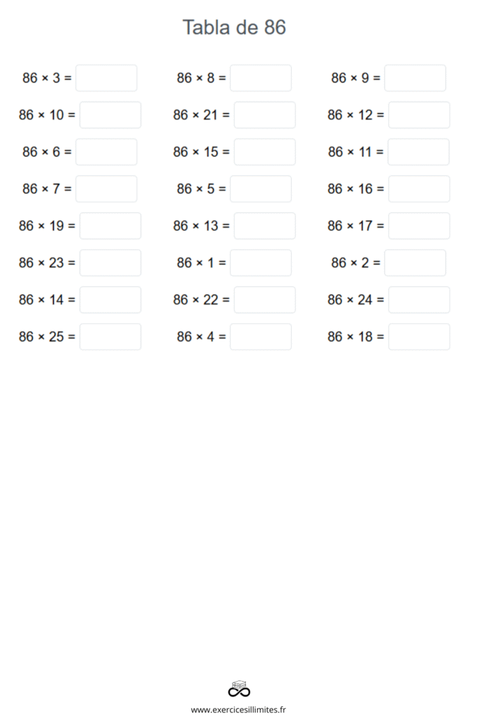 table de multiplication de 86