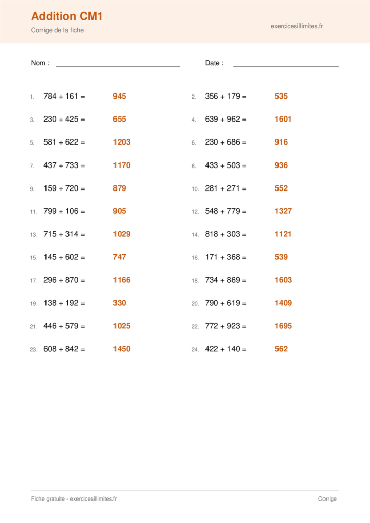 Fiche PDF addition cm1 - Corrige