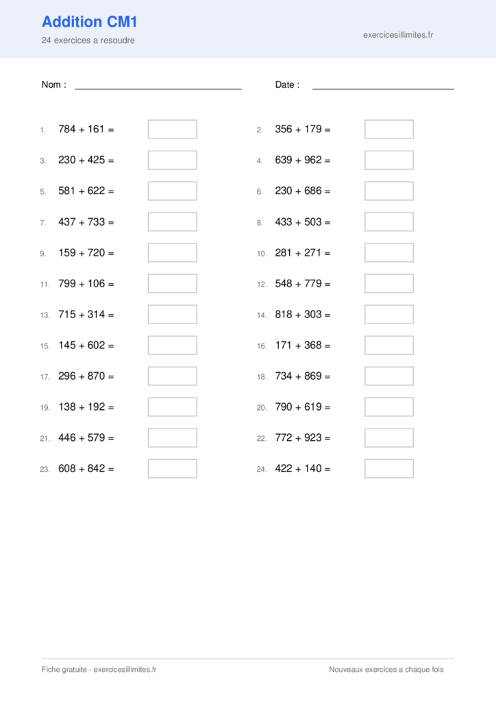 Fiche PDF addition cm1 - 24 exercices