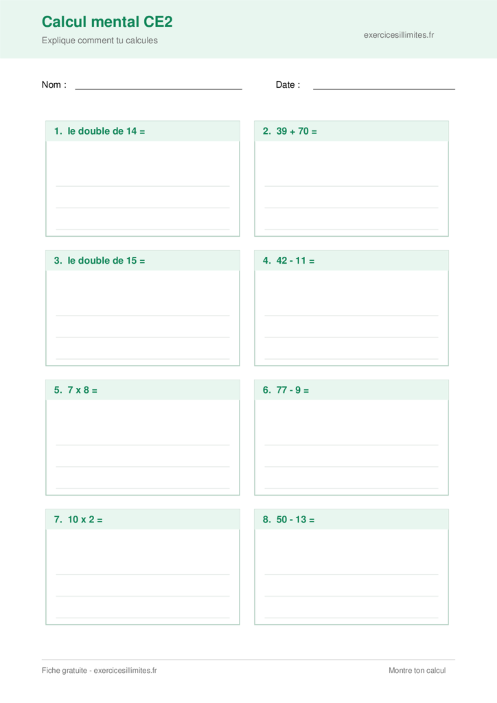 Fiche exercices calcul mental CE2 - Montre ton raisonnement