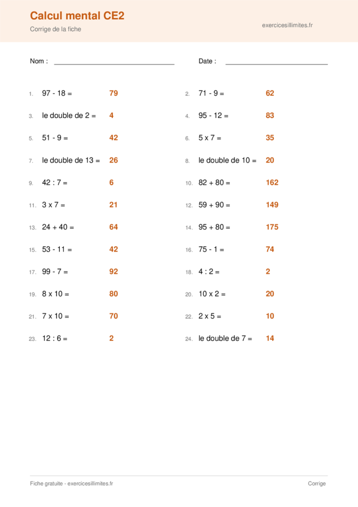 Fiche exercices calcul mental CE2 - Corrige de la fiche