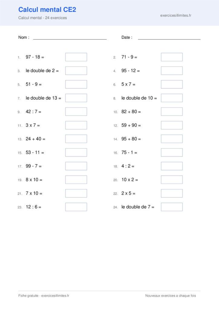 Fiche exercices calcul mental CE2 - Calcul mental - 24 exercices