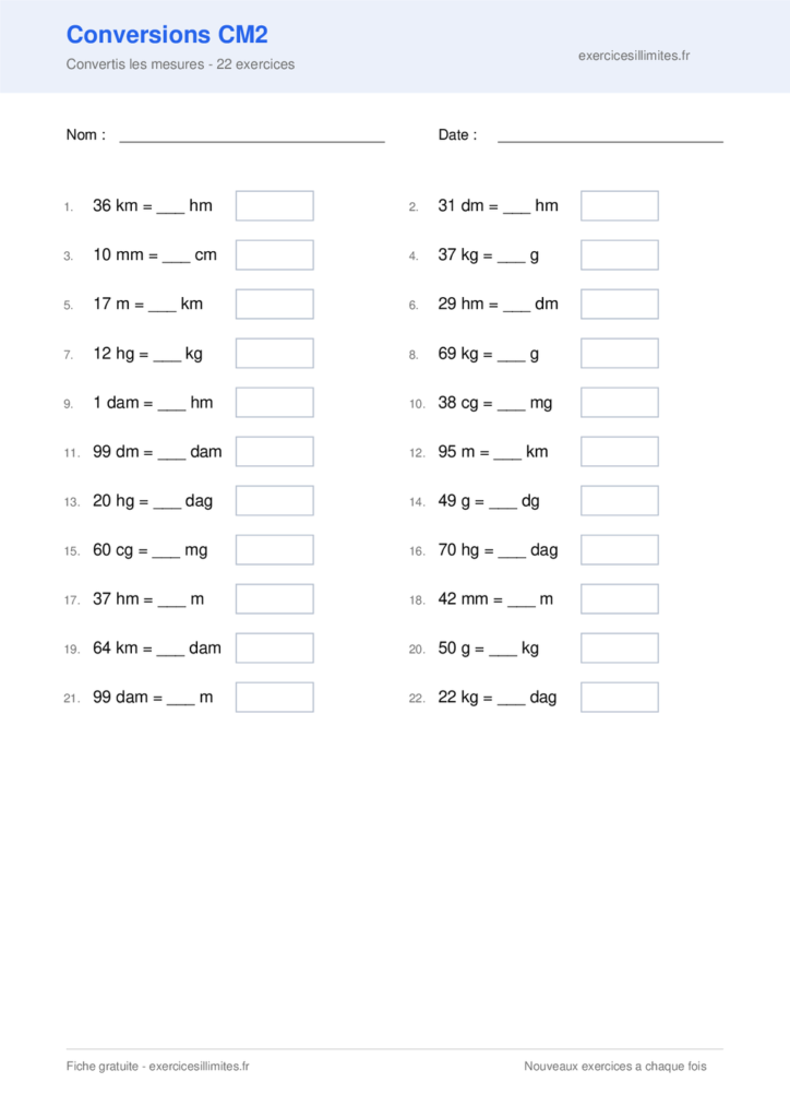 Fiche exercices conversion CM2 - Convertis les mesures - 22 exercices