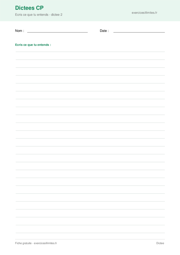 Fiche PDF dictee CP - Dictee 2 - lignes a completer