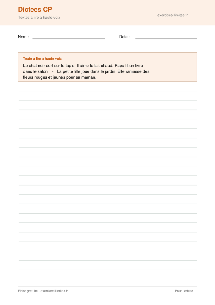 Fiche PDF dictee CP - Textes pour l adulte