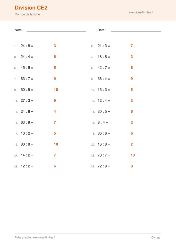 Fiche PDF division ce2 - Corrige