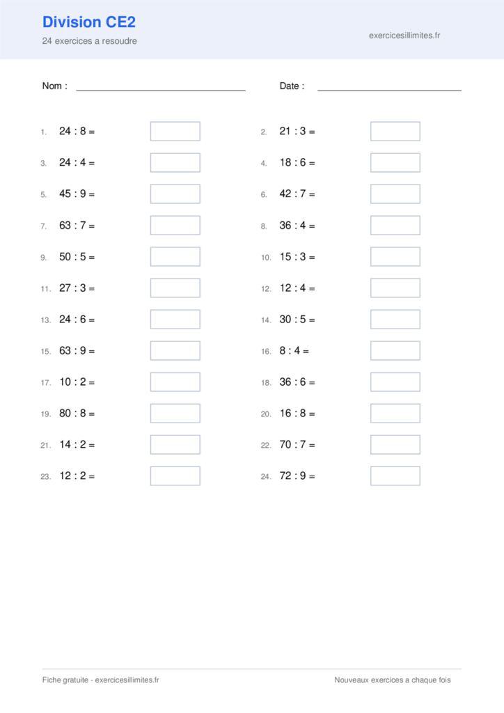 Fiche PDF division ce2 - 24 exercices