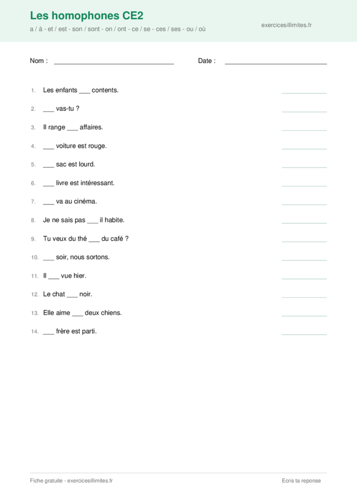 Fiche exercices homophones CE2 - Avec la banque de mots