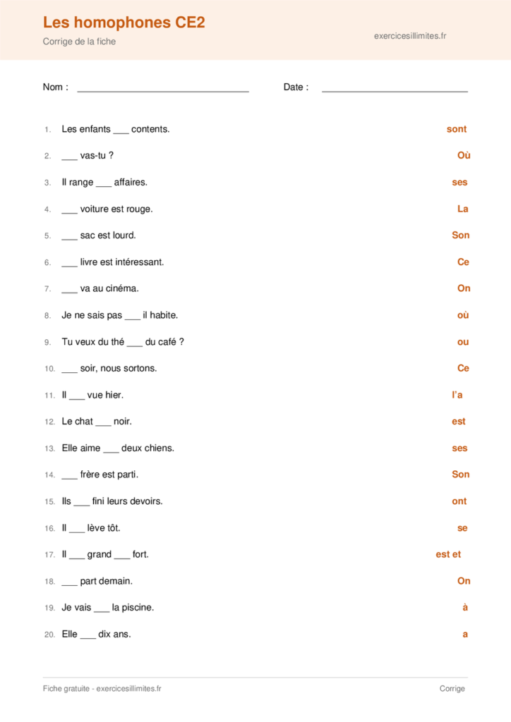 Fiche exercices homophones CE2 - Corrige de la fiche