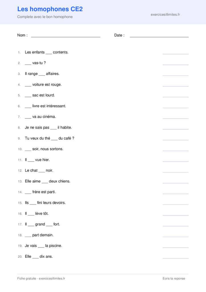 Fiche exercices homophones CE2 - Complete avec le bon homophone