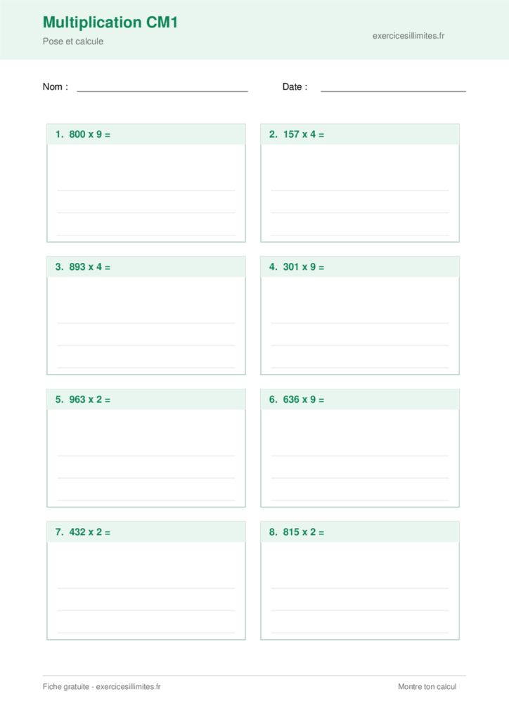 Fiche PDF multiplication cm1 - Montre ton calcul
