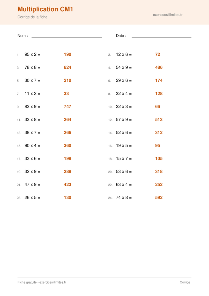 Fiche PDF multiplication cm1 - Corrige