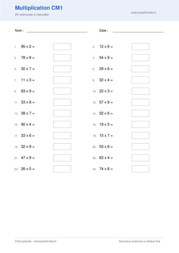 Fiche PDF multiplication cm1 - 24 exercices