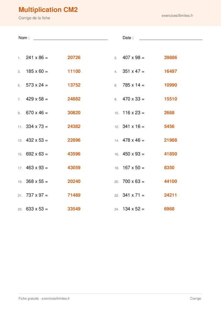 Fiche PDF multiplication cm2 - Corrige