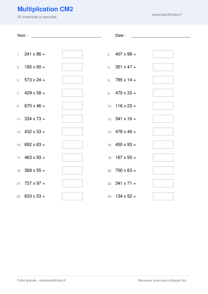 Fiche PDF multiplication cm2 - 24 exercices