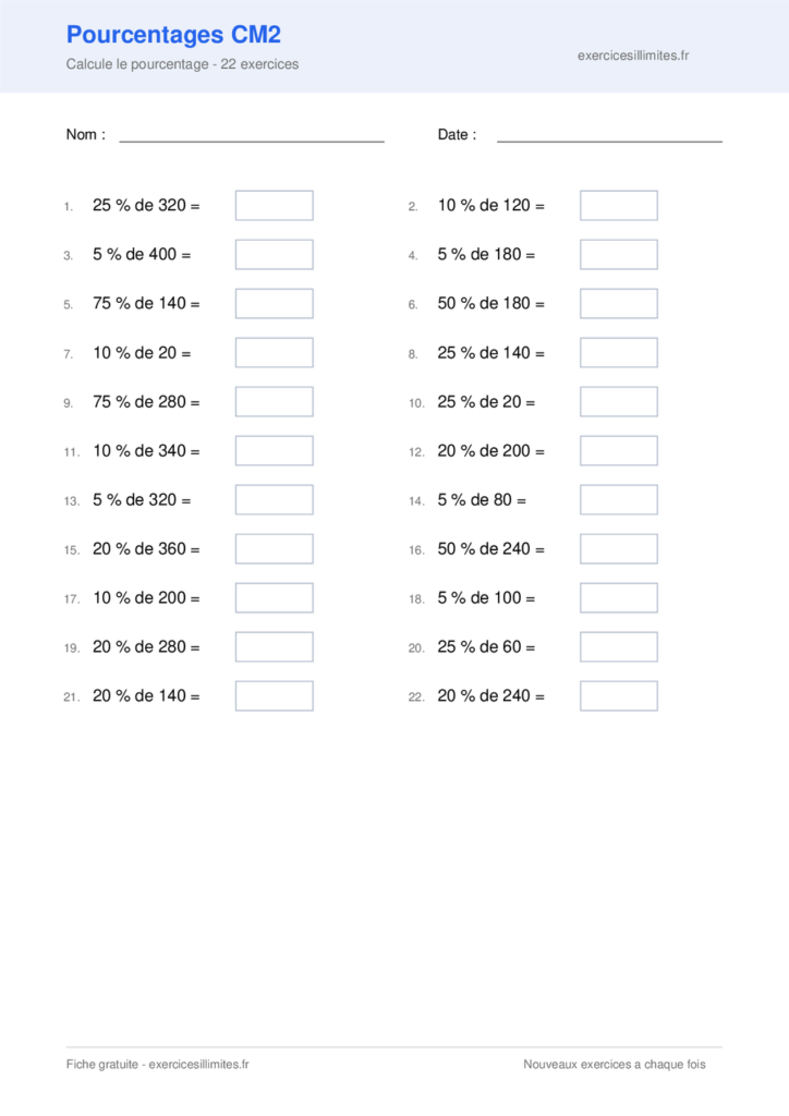 Fiche exercices pourcentage CM2 - Calcule le pourcentage - 22 exercices