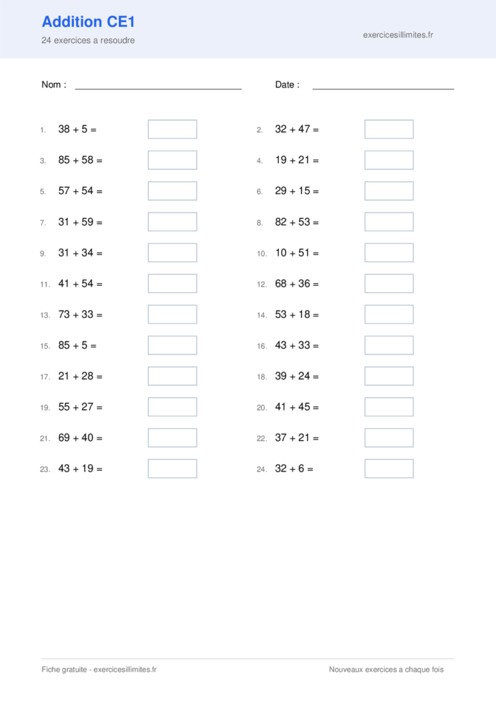 Fiche addition ce1 - 24 exercices a resoudre
