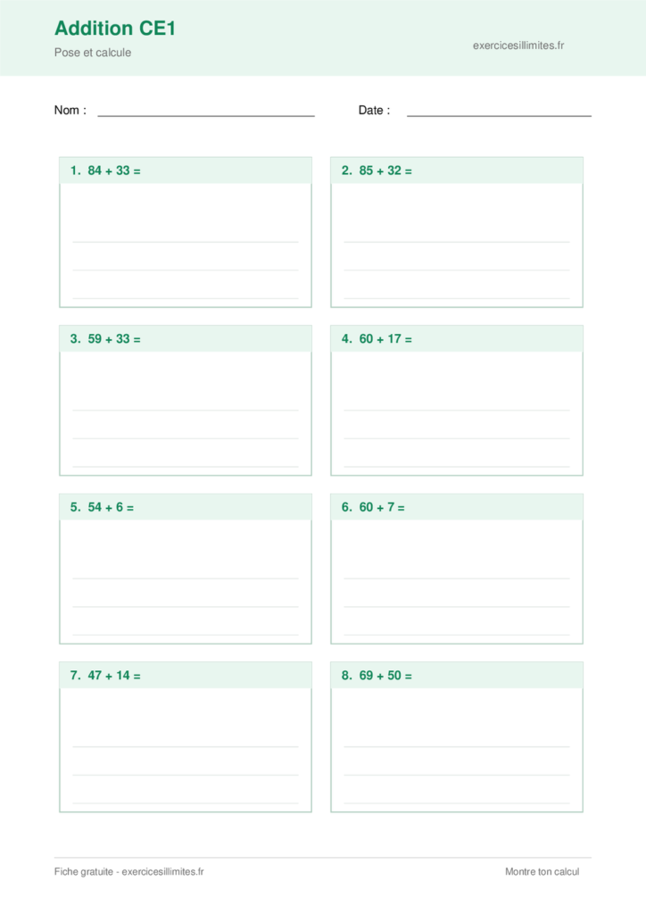 Fiche addition ce1 - Pose et calcule