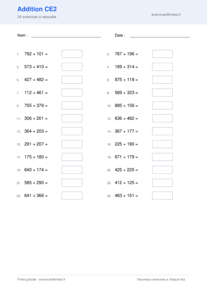 Fiche addition ce2 - 24 exercices a resoudre