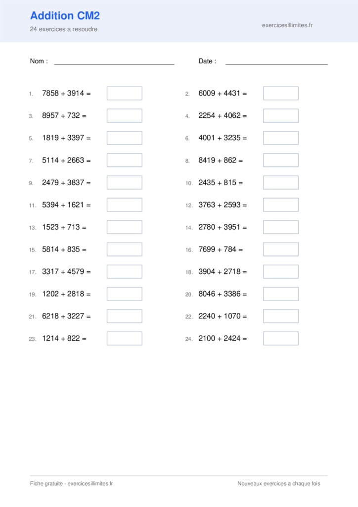 Fiche addition cm2 - 24 exercices a resoudre