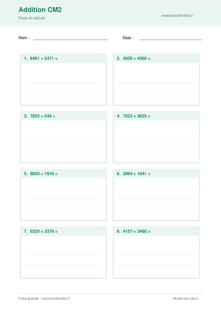 Fiche addition cm2 - Pose et calcule