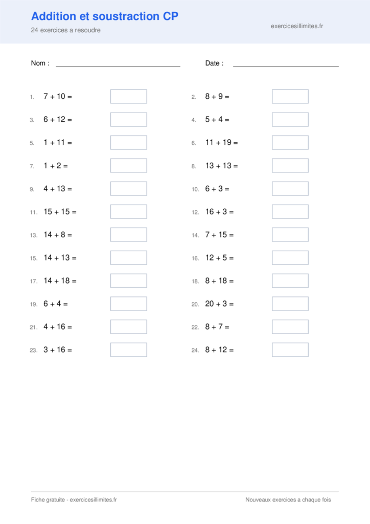 Fiche addition et soustraction cp - 24 exercices a resoudre
