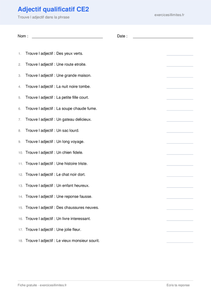 Fiche adjectif qualificatif CE2 a imprimer
