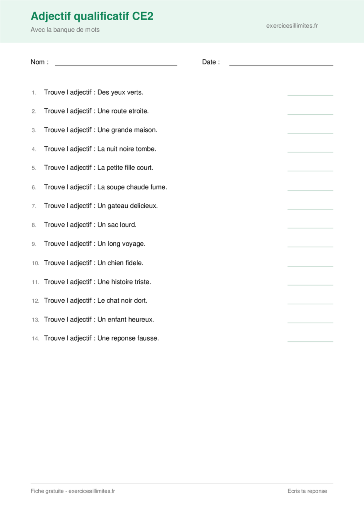 Fiche adjectif qualificatif CE2 a imprimer