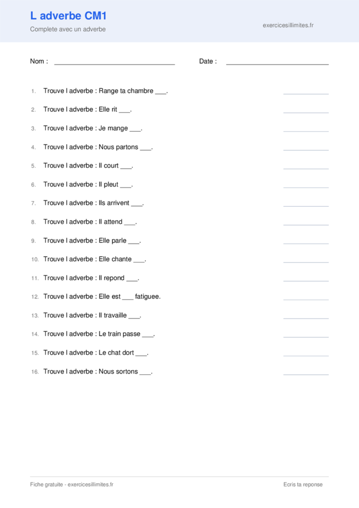 Fiche adverbe CM1 a imprimer