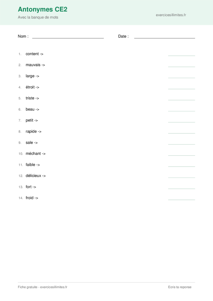 évaluation ce2 contraires synonymes