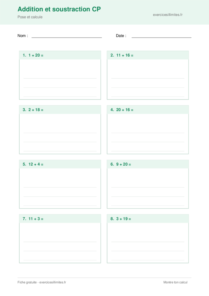 Fiche addition et soustraction cp - Pose et calcule