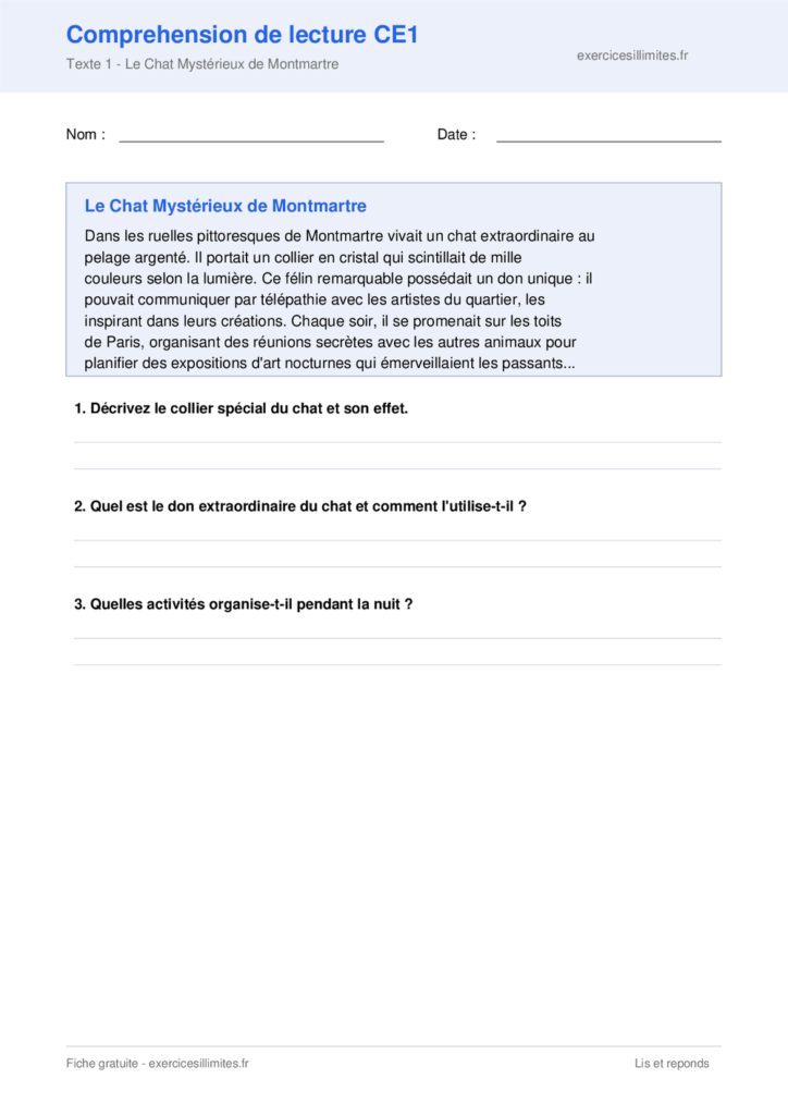 Fiche lecture comprehension - Le Chat Mystérieux de Montmartre