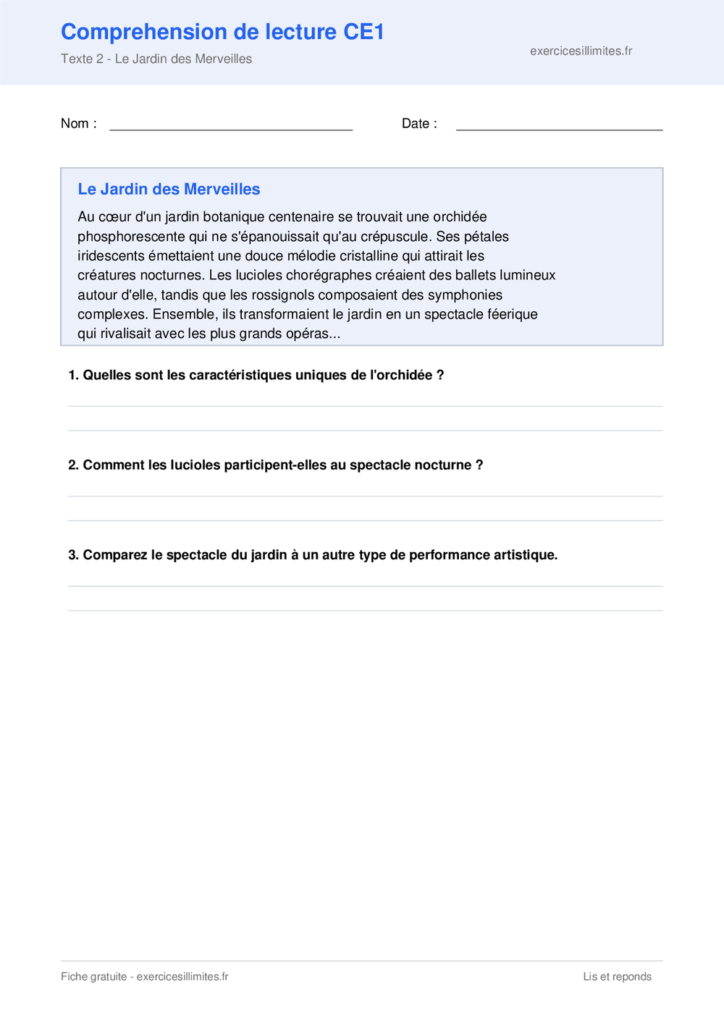 Fiche lecture comprehension - Le Jardin des Merveilles