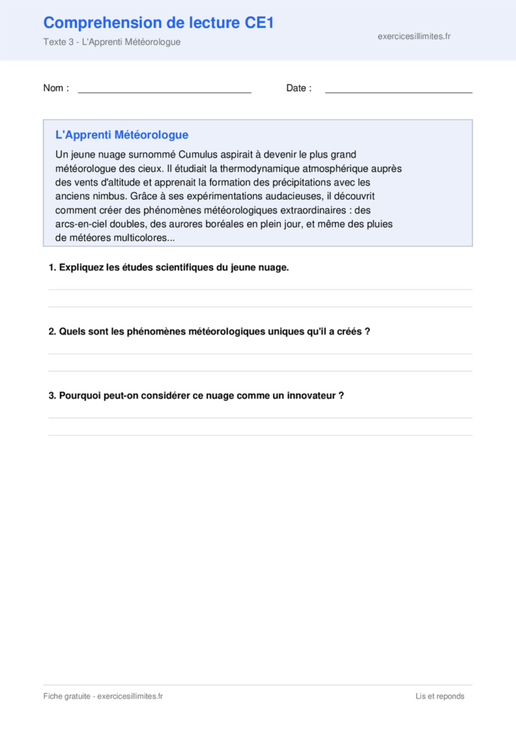 Fiche lecture comprehension - L'Apprenti Météorologue