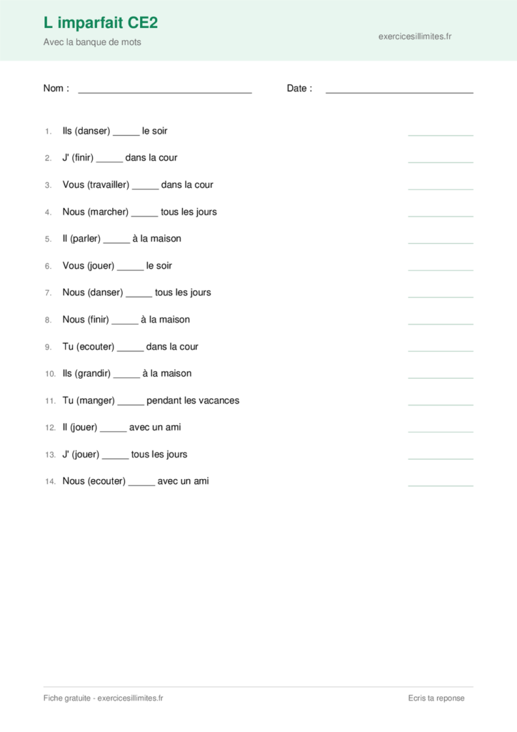 Fiche conjugaison imparfait CE2 a imprimer