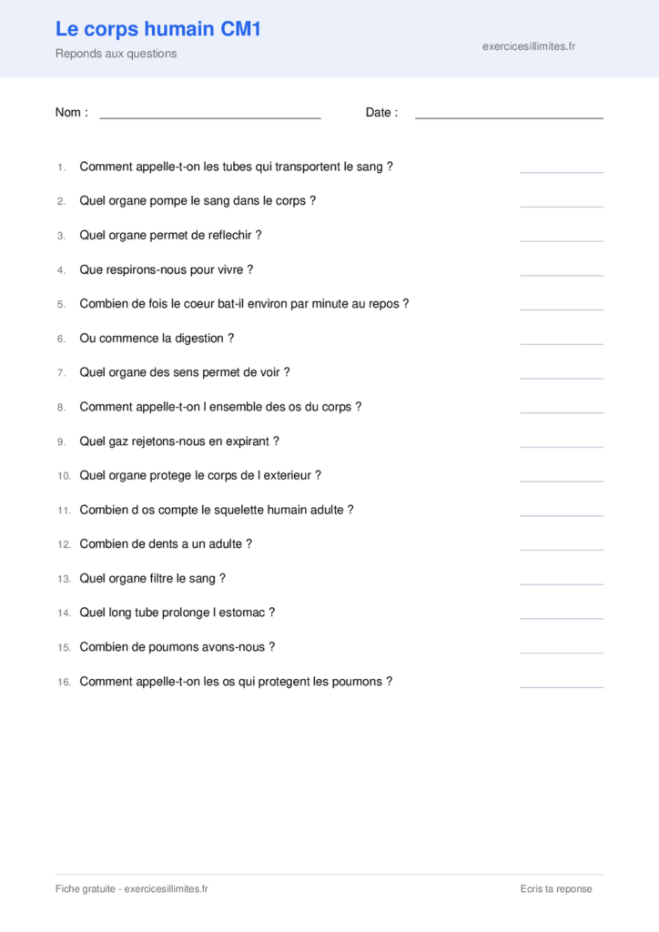 Fiche corps humain CM1 a imprimer