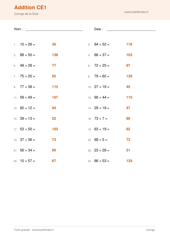 Fiche addition ce1 - Corrige de la fiche