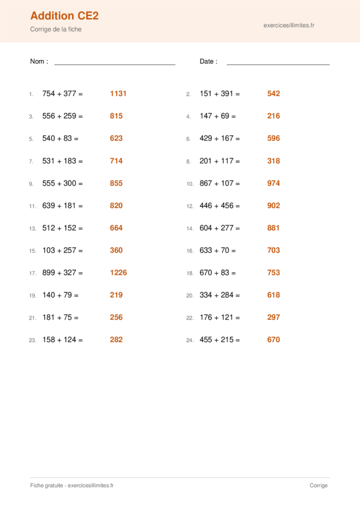 Fiche addition ce2 - Corrige de la fiche